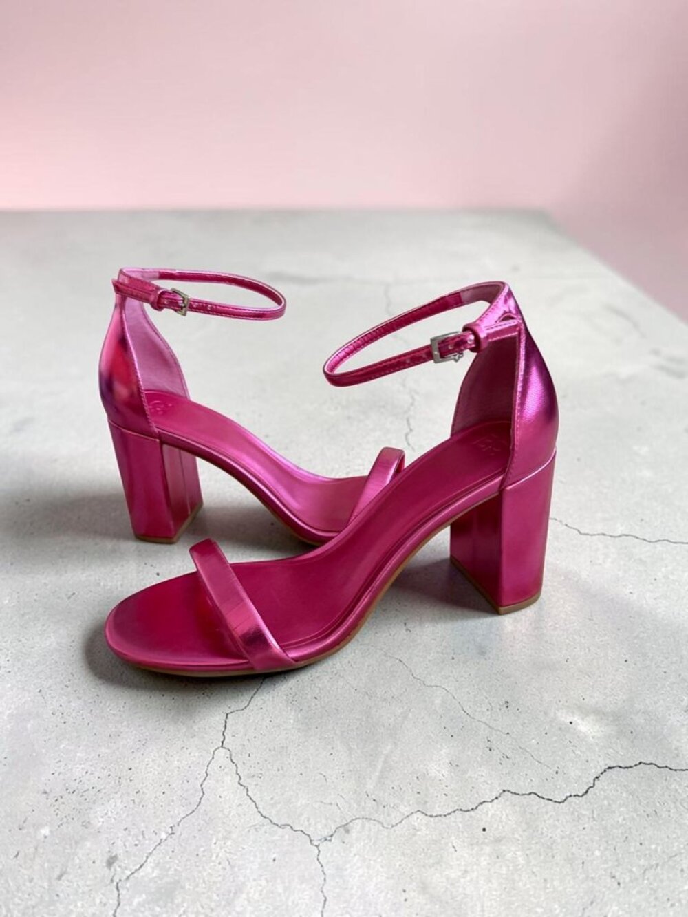 BP Pink Metallic Leather Ankle Strap Heels Size 8.5